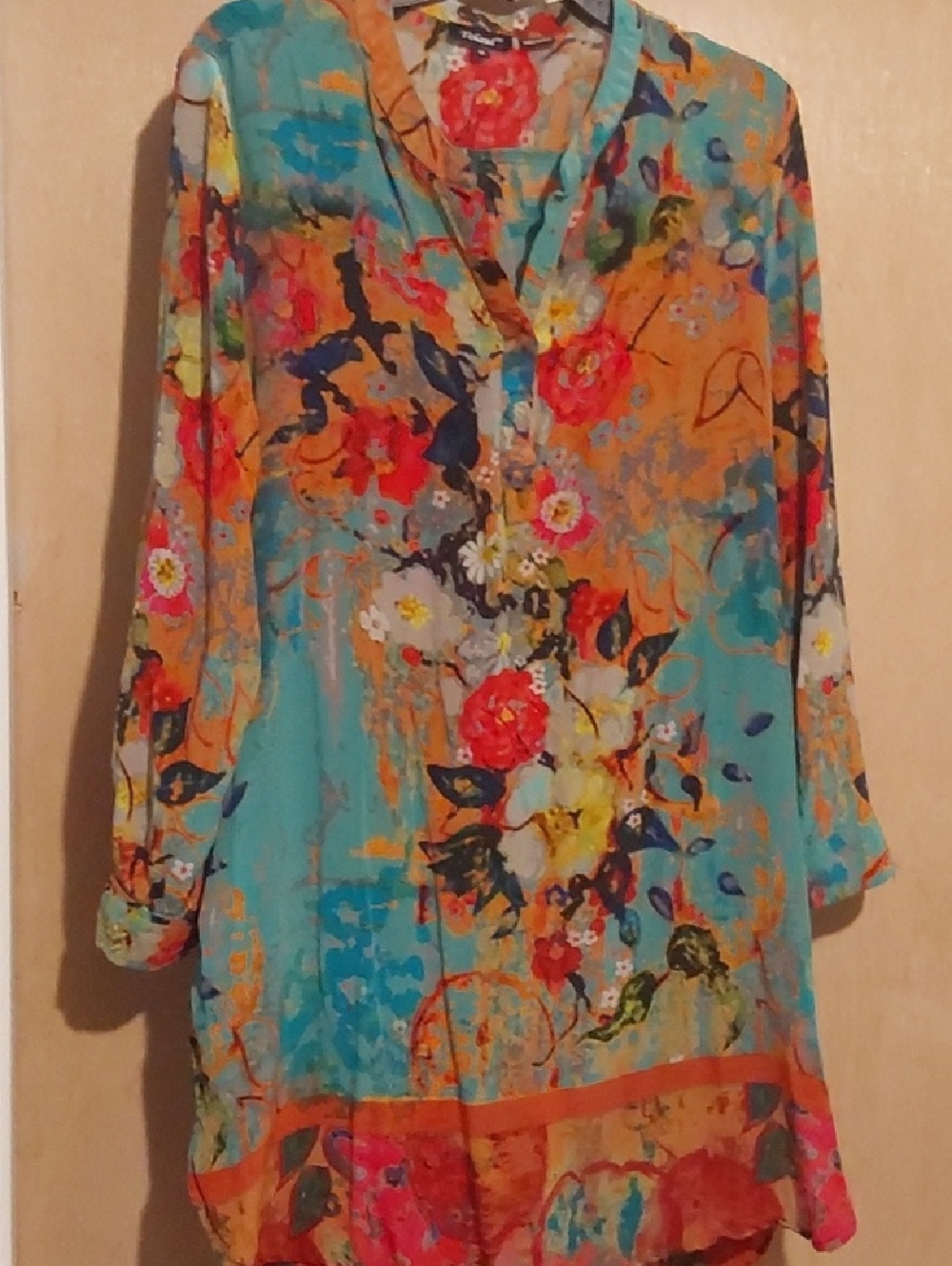 Tolani Multicolor Floral Print Blouse in Turquoise, Orange & Red